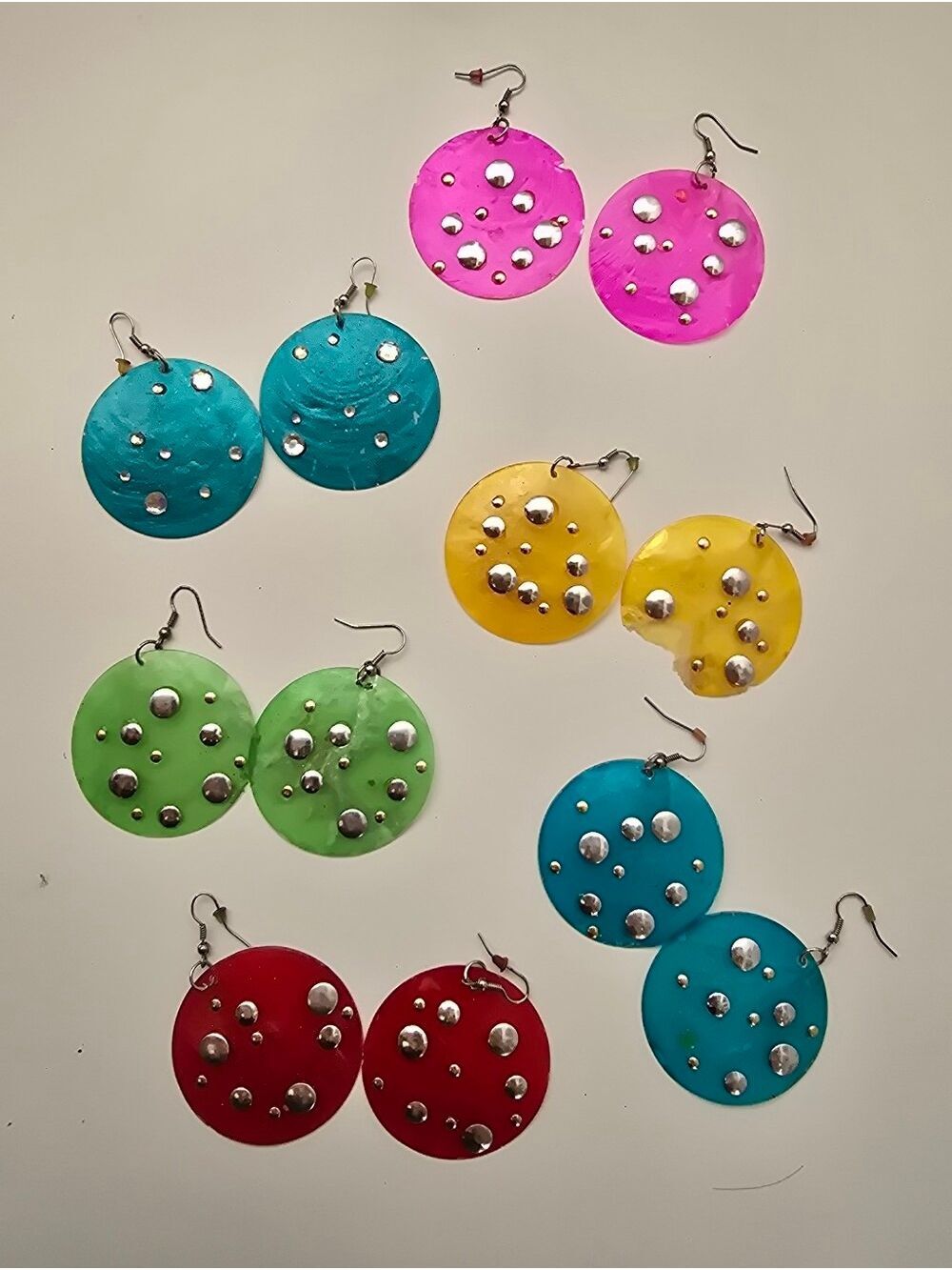 Vintage Hand Painted Shell Disc Statement Earrings Bundle of 6 Boho Y2K